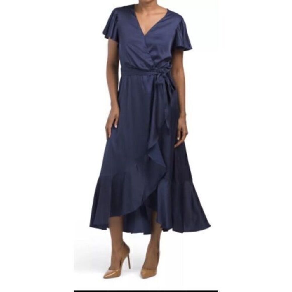 Nicole Miller Blue Satin‎ Flutter Sleeve Wrap Midi Dress Ruffle Wedding Guest